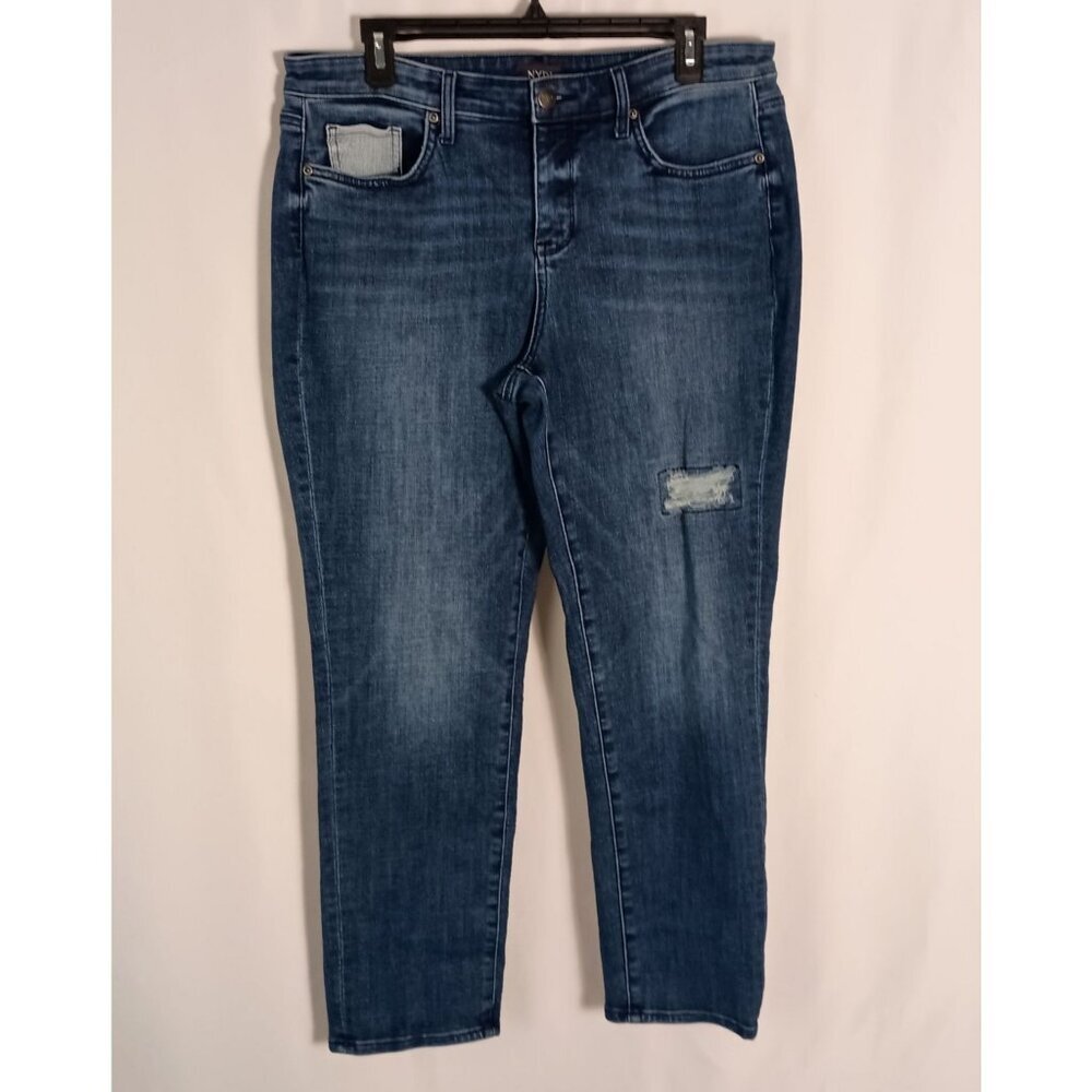 NYDJ Dark Blue Distressed Straight-Leg Jeans